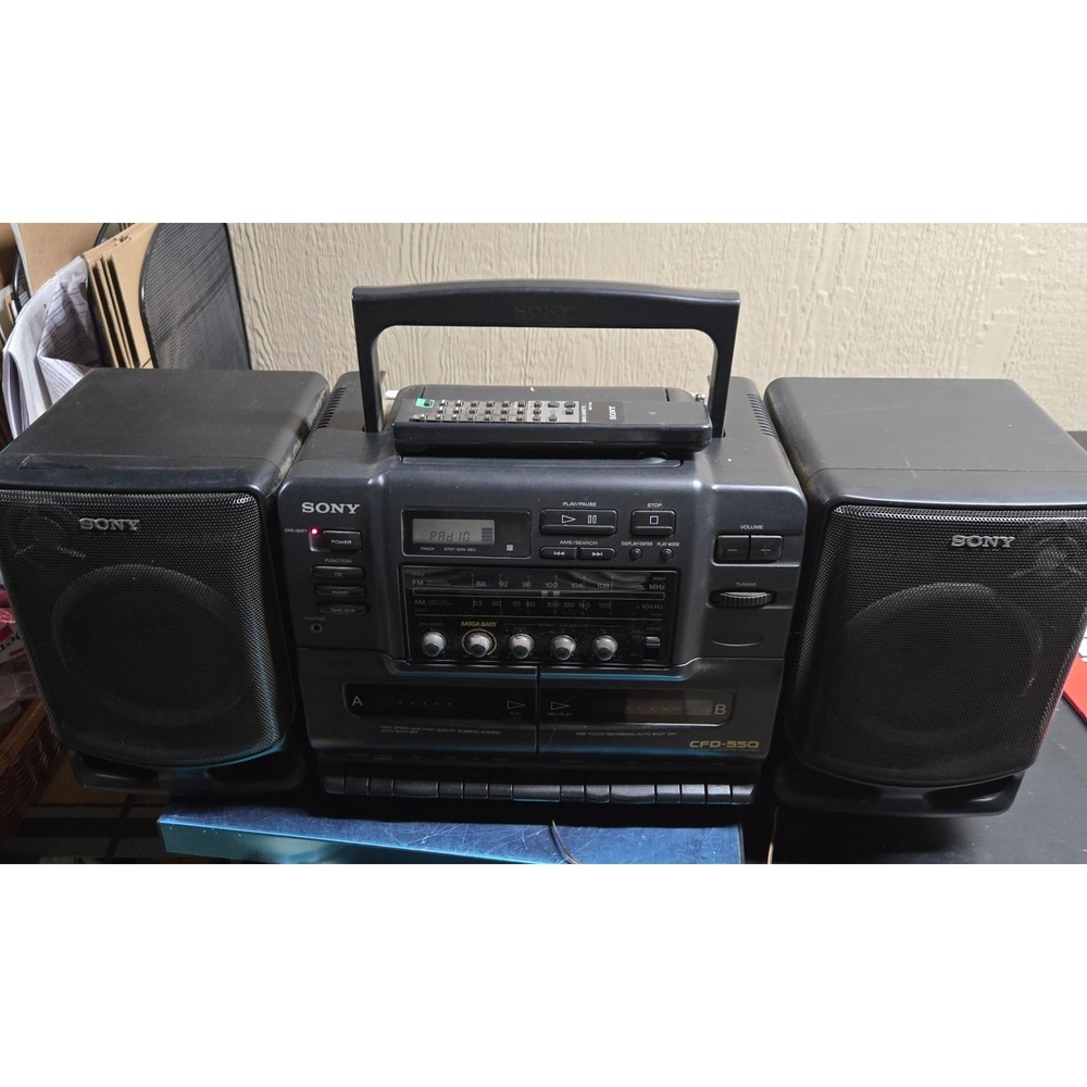Sony CFD-550 Boombox CD Dual Cassette Mega Bass AM/FM Remote Black 90s Tested